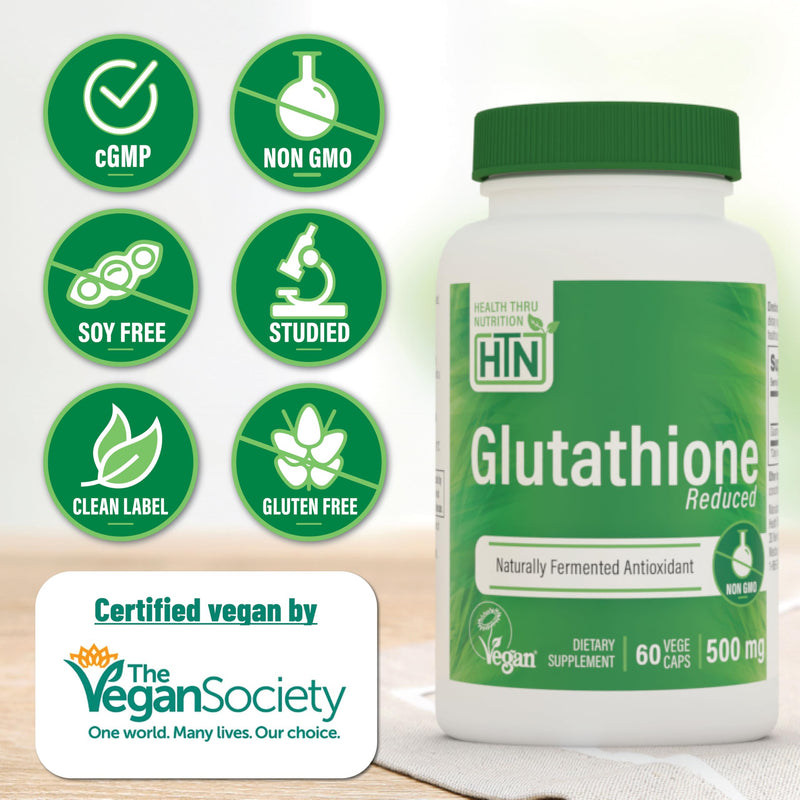Health Thru Nutrition Glutathione Reduced GSH 500mg 60 Capsules/Servings | Healthy Skin Glow and Brightening, Whitening, Cellular Aging Support, Master Antioxidant, Certified Vegan, Fermented, NonGMO 60 Count (Pack of 1)