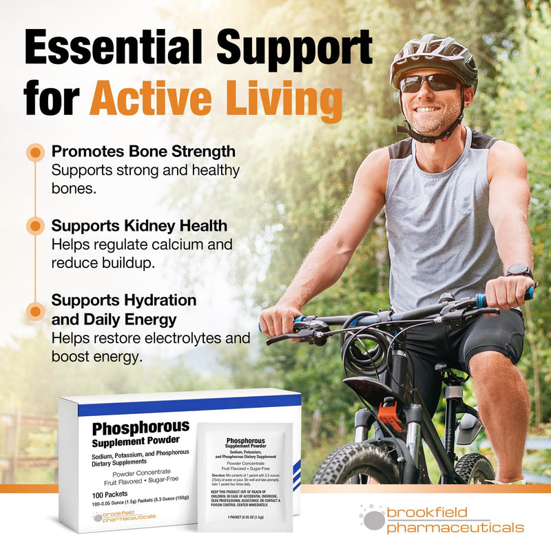 Phosphorus Supplements 100 Packets, Dietary Supplements Powder with Sodium Phosphate and Potassium Phosphate, Fruit Flavored Phosphorous Supplement Powder for Electrolyte, Bone Health & Kidney Health