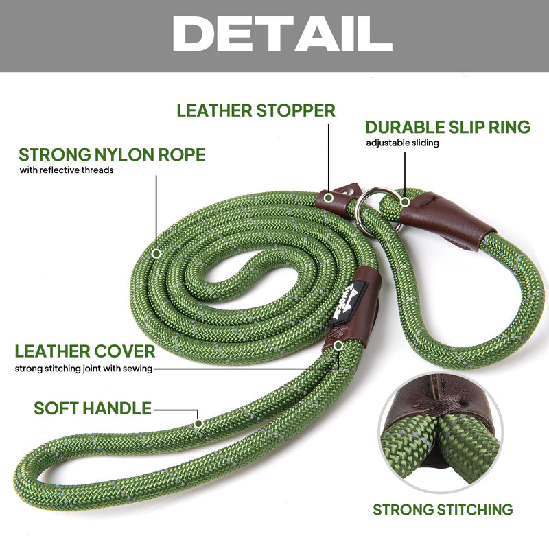 TwoEar Dog Leash Dog Slip Rope Leash 1/2" x 6FT Dog Training Leash Heavy Duty Strong Slip Lead Highly Reflective Threads for Small Medium and Large Dogs(Green) Large(1/2''x6ft) Green - BeesActive Australia