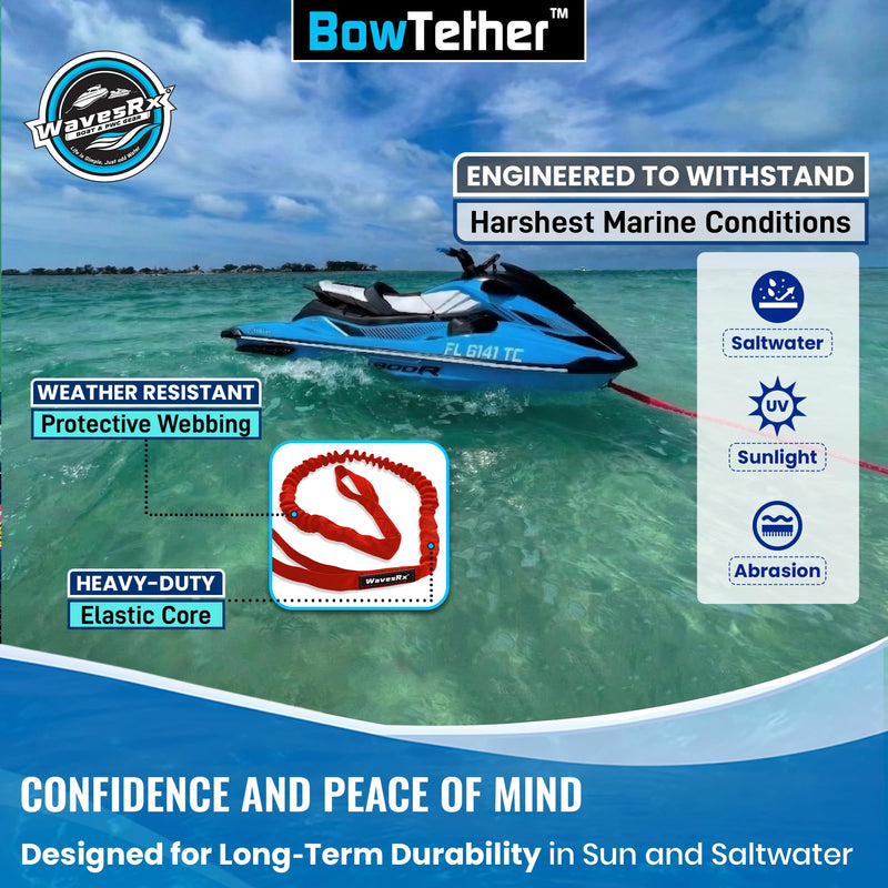 WAVESRX BowTether PWC Anchor and Dock Line - Shock Absorbing Elastic Bungee Rope Stretches 4 to 6 FT - Mooring Tether Pre Attached to Jet Ski Bow Eye for Quick Anchoring and Easy Docking Nautical Red
