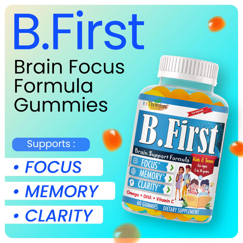 B.First Brain Focus Gummies for Kids & Teens, Omega 3 for Kids DHA Supplement, Chewable Brain Vitamins for Memory & Concentration, Focus Gummies for Children, Plant Based, Non-GMO, 60 Count