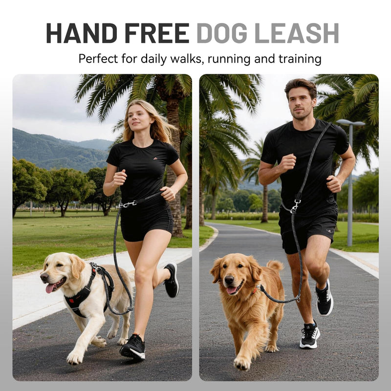 Hands-Free Dog Leash, 6.5ft Heavy Duty Reflective Nylon Leash with Dual Metal Hooks, Adjustable Crossbody & Waist Use for Walking, Jogging and Heel Training (Grey) Black - BeesActive Australia