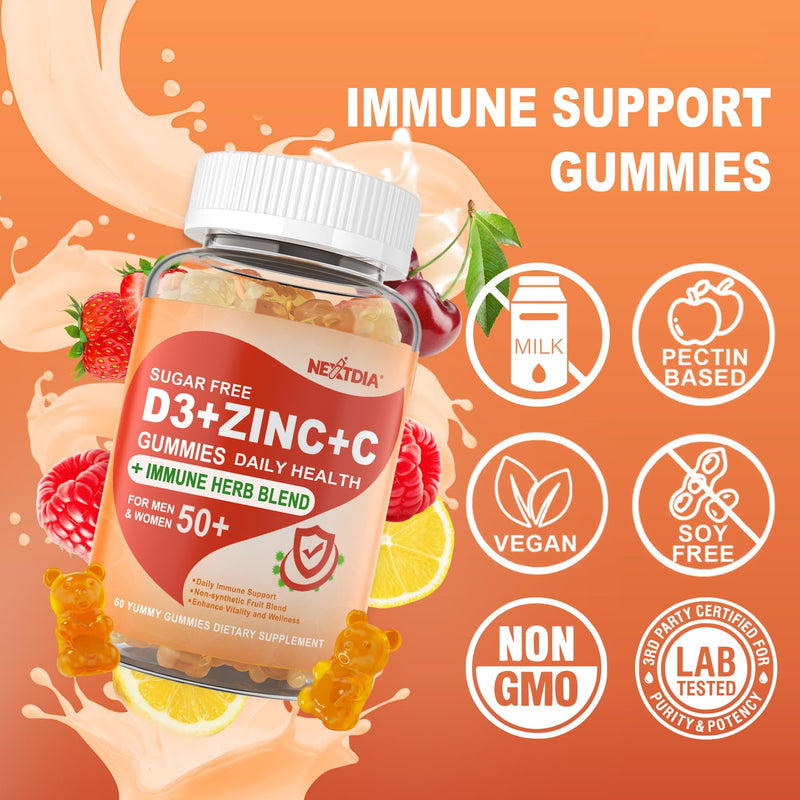 Vitamin C + D3 + Zinc Immune Support Gummies for Adults 50 Plus Elderberry | Vitamin C + D3 + Zinc Gummies for Adults 50 +, Sugar Free Immune Support Supplement w/ Elderberry, Echinacea, Quercetin,1Pack 60 Count (Pack of 1)