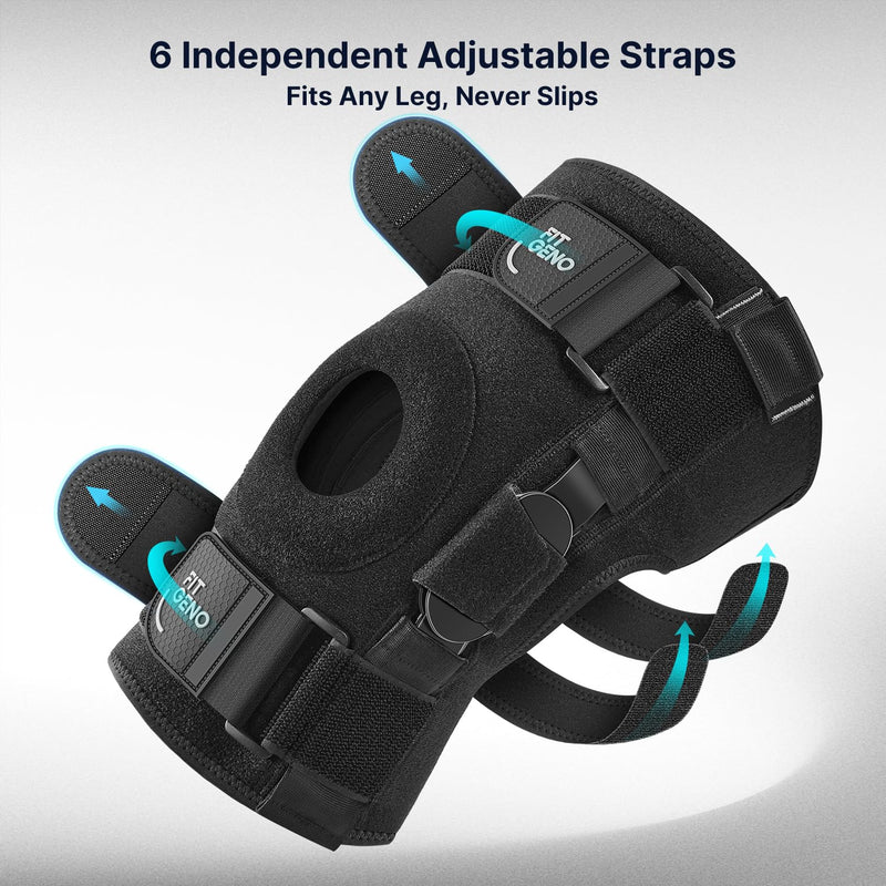 Fit Geno Hinged Knee Brace for Meniscus Tear: Adjustable Knee Support for Knee Pain w/Side Stabilizers & Hinges for Injury or Surgery Recovery - Men and Women Black Regular fits S/M/L/XL