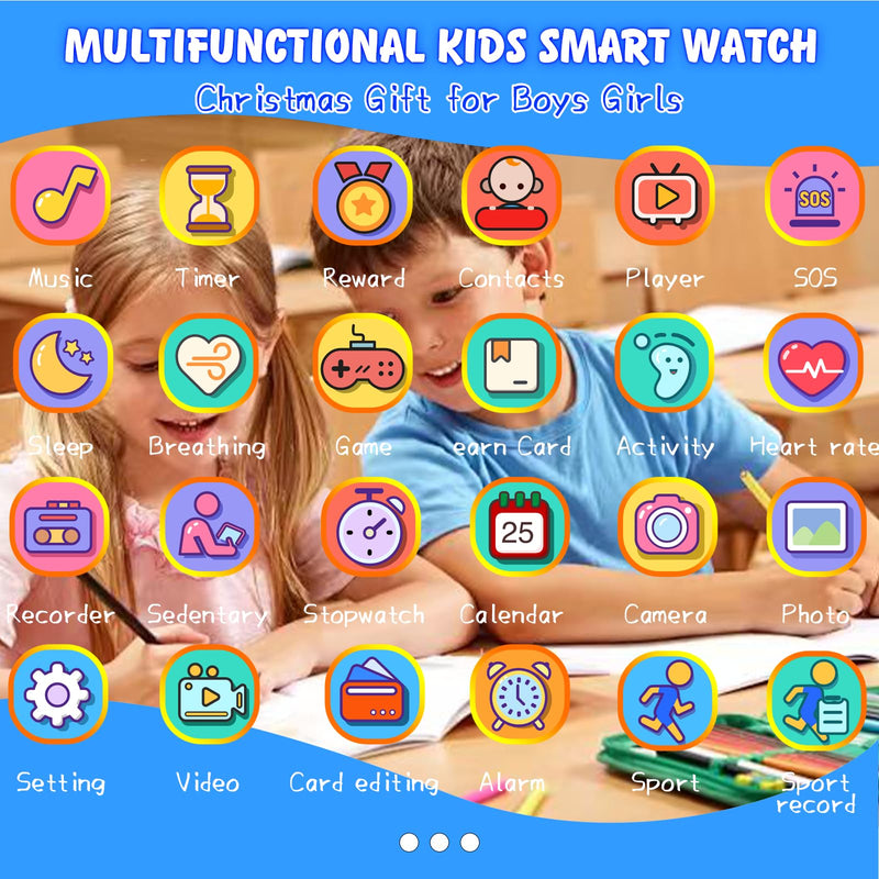 Smart Watch for Kids,1.85" Fitness Tracker,AI,Games,Sports,Sleep Monitor,Camera,Videos,Alarm Play Music Flashlight Pedometer Stopwatch Pedometer IP68 Waterproof Gift for Boys and Girls (Blue) Blue