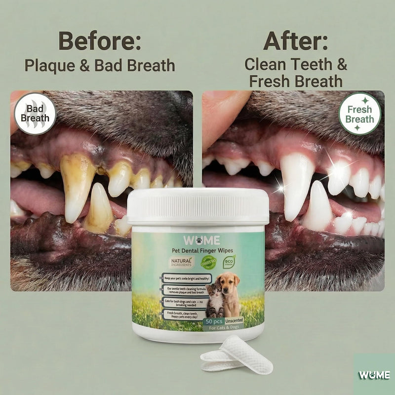 WUME Pet Dental Finger Wipes for Dogs & Cats Vet-Inspired Teeth Cleaning Wipes, Toothbrush Alternative, Gentle, Alcohol-Free, Disposable, 50 Counts Unscented