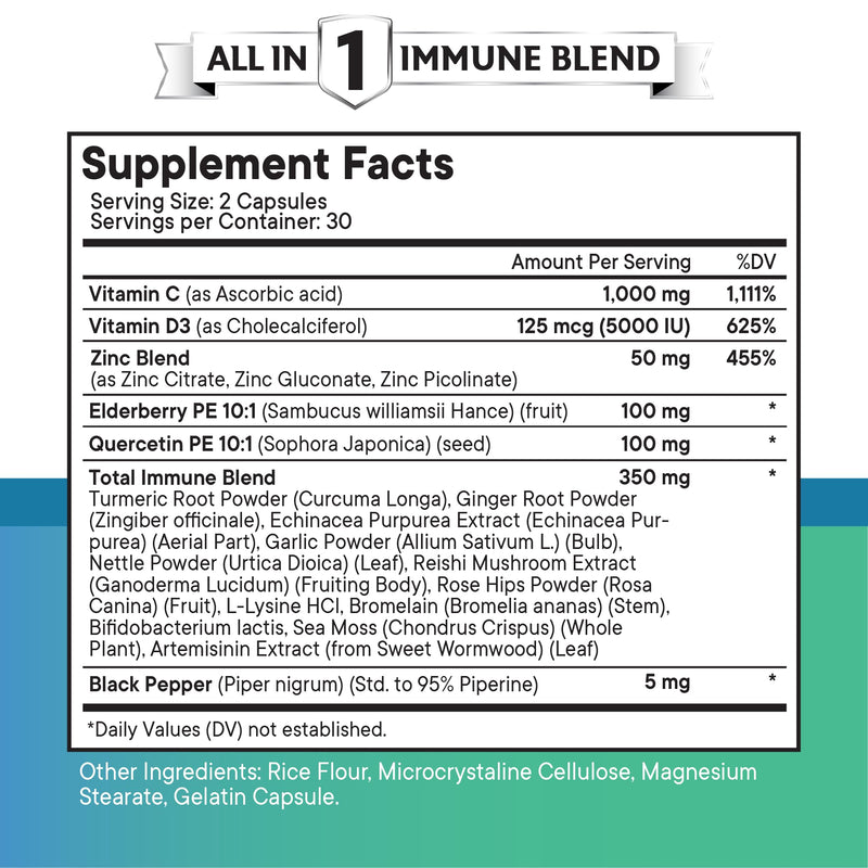 Quercetin Zinc Vitamin C Vitamin D Bromelain Elderberry - Nettle Supplement with Artemisinin, Sea Moss, Echinacea - 60 Count 60 Count (Pack of 1)