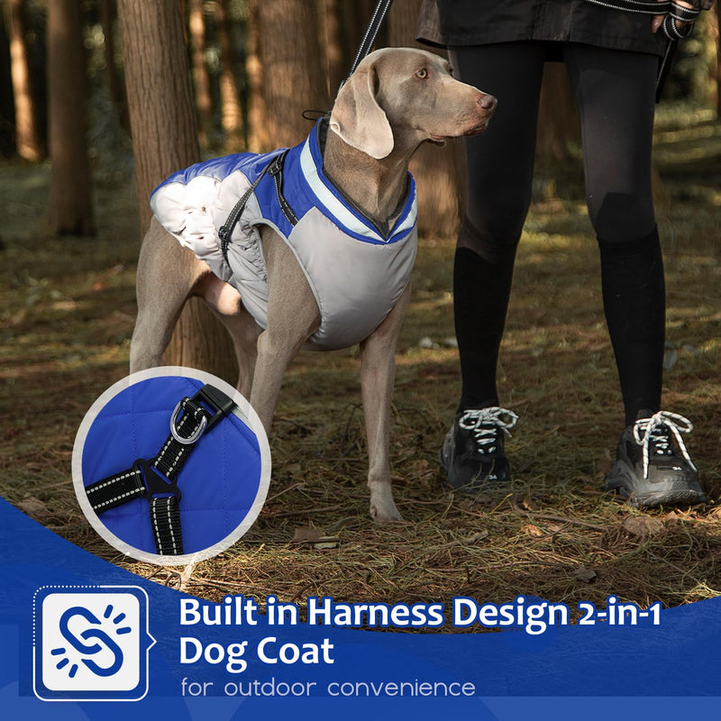 Dog Winter Coat with Harness, Dog Jacket, Dog Clothes with Zipper on Back, Waterproof Windproof Warm Vest, Reflective Cold Weather Coats, for Small Medium Large Dogs, Thick (Blue,L) L(Chest Girth:25.19"/64CM) Blue - BeesActive Australia