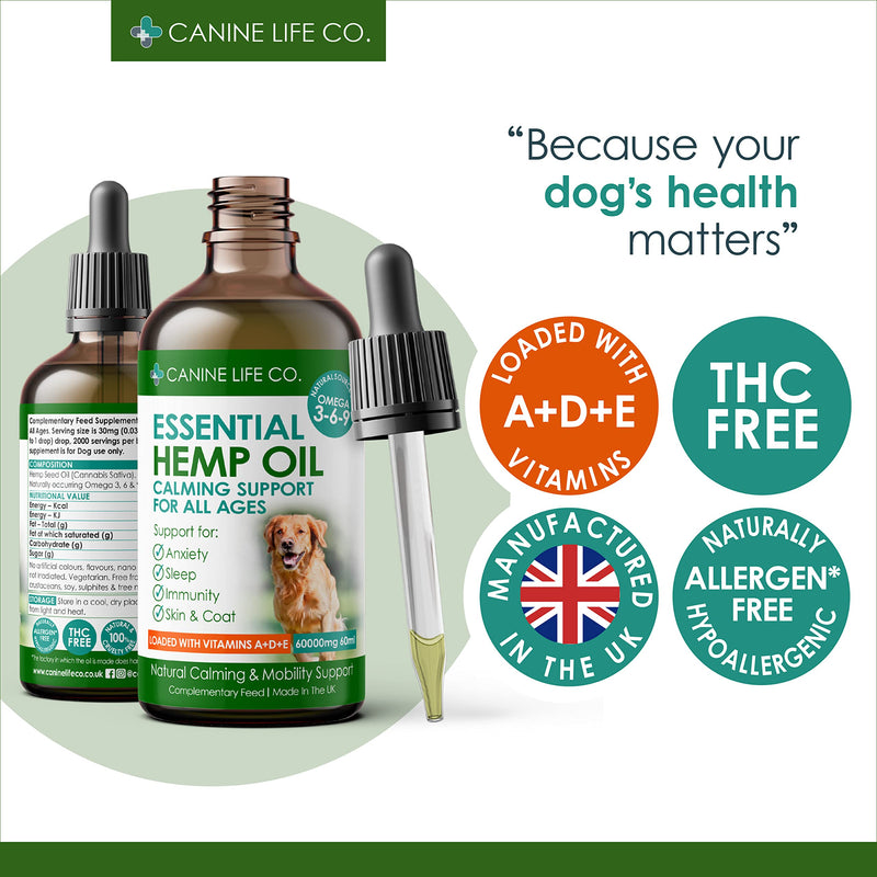 Canine Life Co.® Hemp Oil For Dogs 60ml, 60,000mg - Dog Calming Supplement - Dog Calming Drops - Omega 3,6,9 For Dogs - Supports & Maintains Healthy Joints - Made In The UK (1 Pot 60ml) 1 Pot (60ml)
