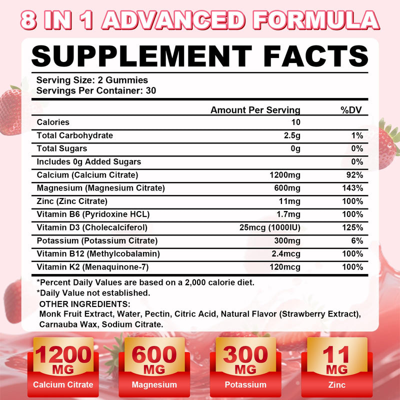 Chewable Calcium Citrate Gummies Calcium Supplement for Women & Men | For Bone, Muscle, Teeth, Immune Support, High Absorption Calcium, Sugar Free, Strawberry Flavor, 120 Count 60 Count (Pack of 2)