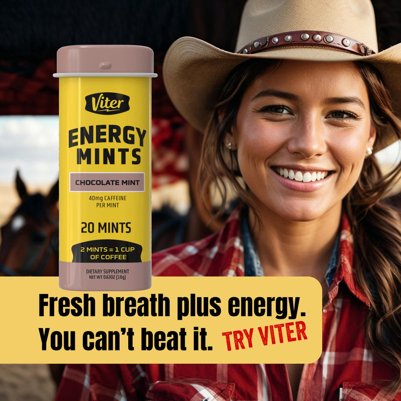 Viter Energy Caffeinated Mints 40mg Caffeine, B Vitamins, Sugar Free. (Chocolate Mint, 20pcs, 6 Pack)