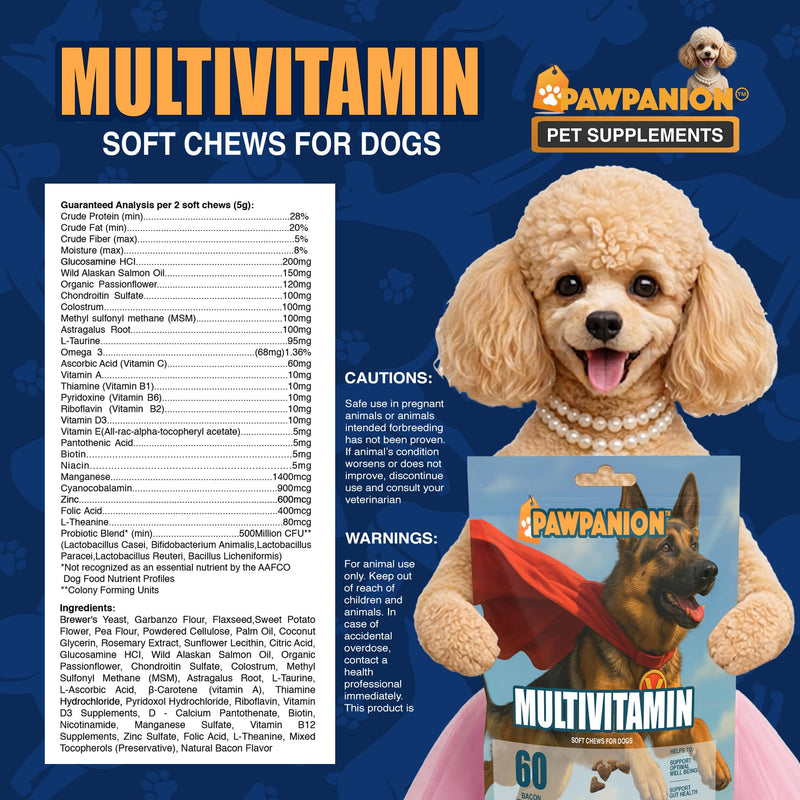 Multivitamin Soft Chews for Dogs, Daily Vitamins & Immune Support, Joint Skin Gut Health Formula, Probiotics + Omega + Vitamins, 60 Soft Chews Bacon Flavor Multi-vitamin