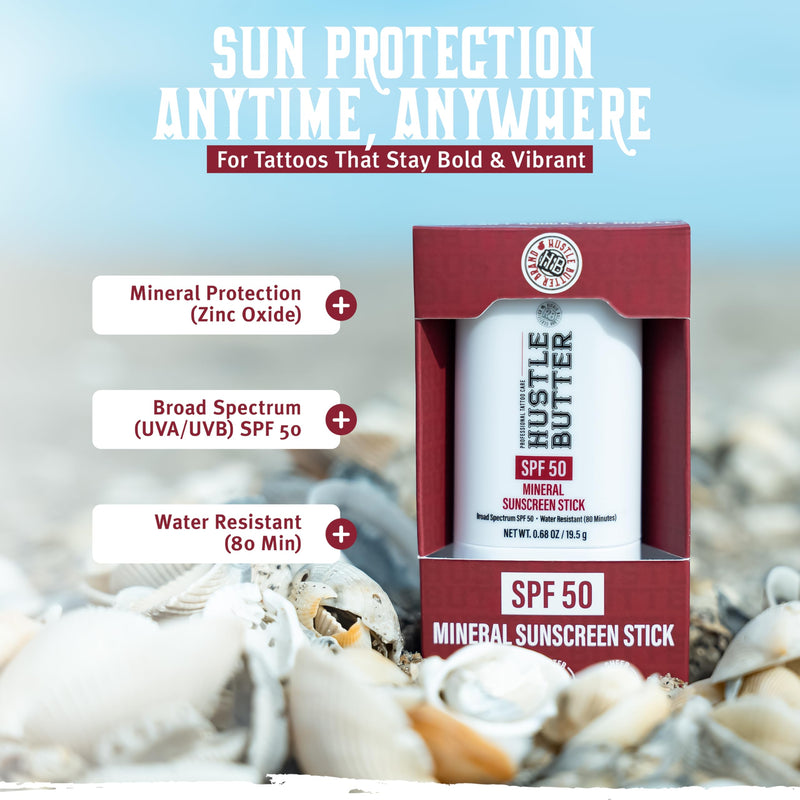 Hustle Butter Tattoo Aftercare Sunscreen Stick - Tattoo Sunscreen Stick, Fade Protection SPF 50, Hydrating with Shea Butter & Coconut Oil, TSA-Friendly, Water Resistant, Non-Greasy, 0.68 oz 0.68 Ounce (Pack of 1)