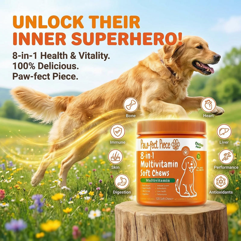 Paw-FECT Piece 8-in-1 Natural Dog Multivitamin Chews, Dog Supplement for Hips & Joints, Skin & Coats, Digestion, Immune Support, Omega 3, Anitoxidents, for All Ages and Breeds, Chicken-120 Count