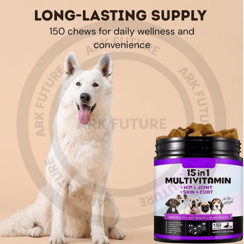 15-in-1 Multivitamin Dog Chews – Duck Flavor, Soft Treats for Hip, Joint, Skin & Coat Support, Digestive Health, Immunity & Overall Wellness – 150 Soft Chews (Pack of 1)
