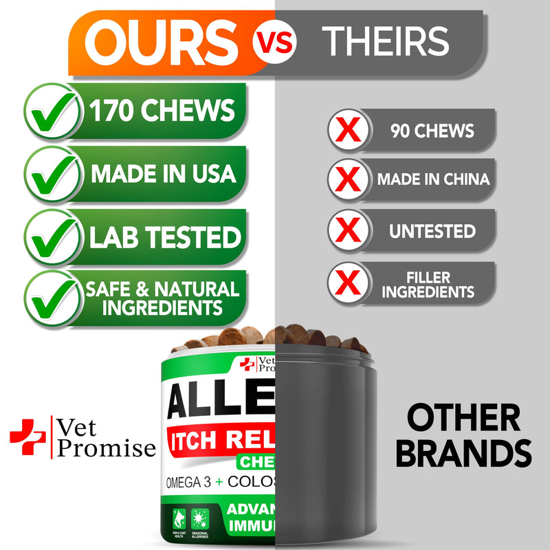 Dog Allergy Relief Chews - 170 Dog Allergy Chews - Itch Relief for Dogs - Anti Itch for Dogs - Dry & Itchy Skin - Allergies & Immune Support Supplement, Omega 3 Fish Oil, Colostrum - Made in USA
