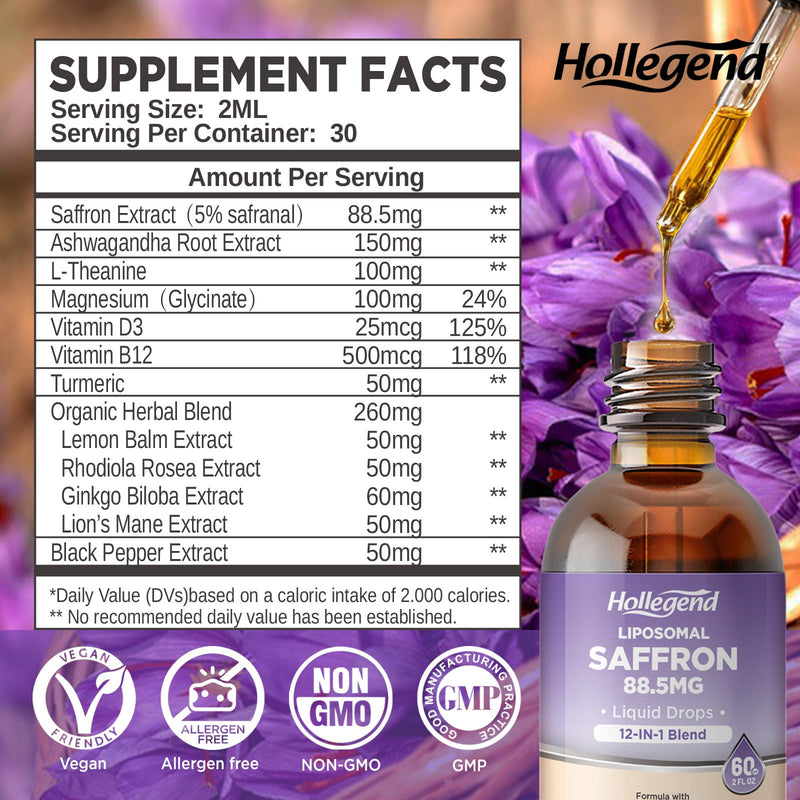 Liposomal Saffron Drops for Kid Adult, Organic Saffron Supplement | with Magnesium Glycinate, L-theanine & Vitamins , Stress, Focus, Vision & Energy Support, Vegan, Lemon Flavor, 2 FL OZ 2 Fl Oz (Pack of 1)