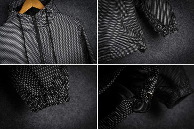 LZLRUN Reflective Jacket Casual Hiphop Windbreaker Night Sporting Coat Hooded Fluorescent Clothing Medium Grey