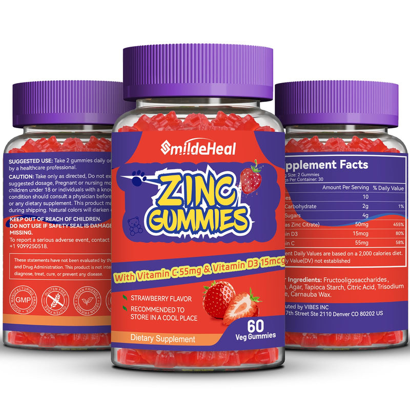 Zinc Gummies, Zinc 50mg, Zinc Citrate, with Vitamin C, Vitamin D3, 60 Count | Zinc Gummies, Zinc 50mg, Zinc Citrate, with Vitamin C, Vitamin D3, Strawberry Flavor Gummies, 60 Count 60 Count (Pack of 1)