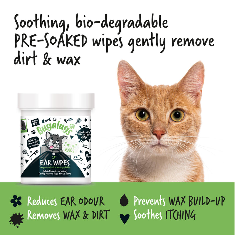 BUGALUGS Cat Ear Cleaner Cat Wipes 100 Biodegradable textured pre-soaked cat ear wipes. Pet Wipes Cat Ear Cleaner Solution Stops Head Shaking, Itching & Waxy Ears (100 Wipes)