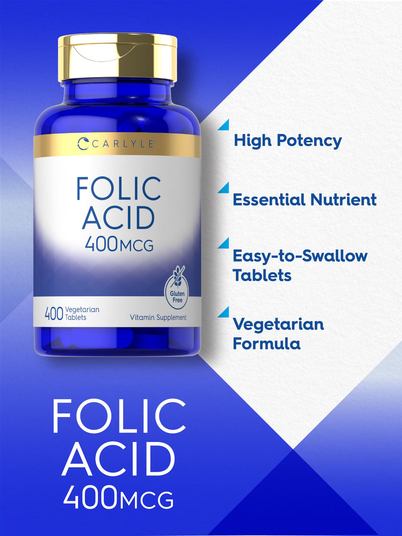 Carlyle Folic Acid 400 mcg | 400 Tablets | Vegetarian, Non-GMO & Gluten Free Supplement