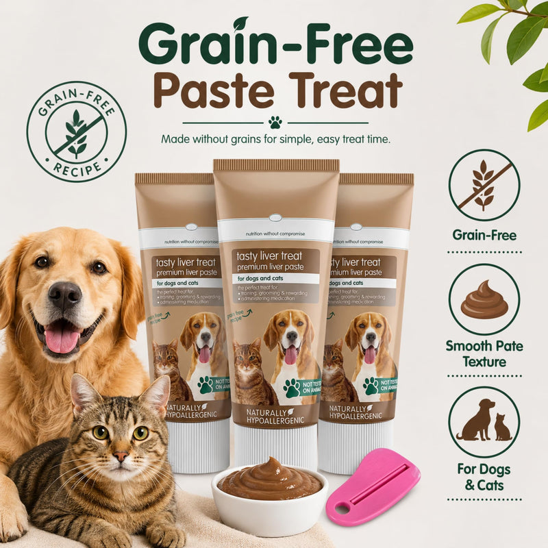 Tasty Liver Treat Paste for Dogs & Cats 75g x 3, Grain-Free Pet Pate with Tube Squeezer Tool, Easy Squeeze Training Reward, Lick Mat Paste, Food Topper & Medication Helper