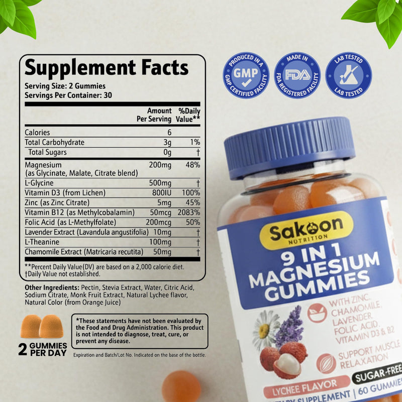 Sakoon Nutritions 9-in-1 Magnesium Glycinate Gummies 200mg | Sugar Free Magnesium Gummies for Women & Men with Zinc & Vitamin D3 | Lychee Flavor | Muscle & Stress Relief | Halal, Vegan | 60pcs