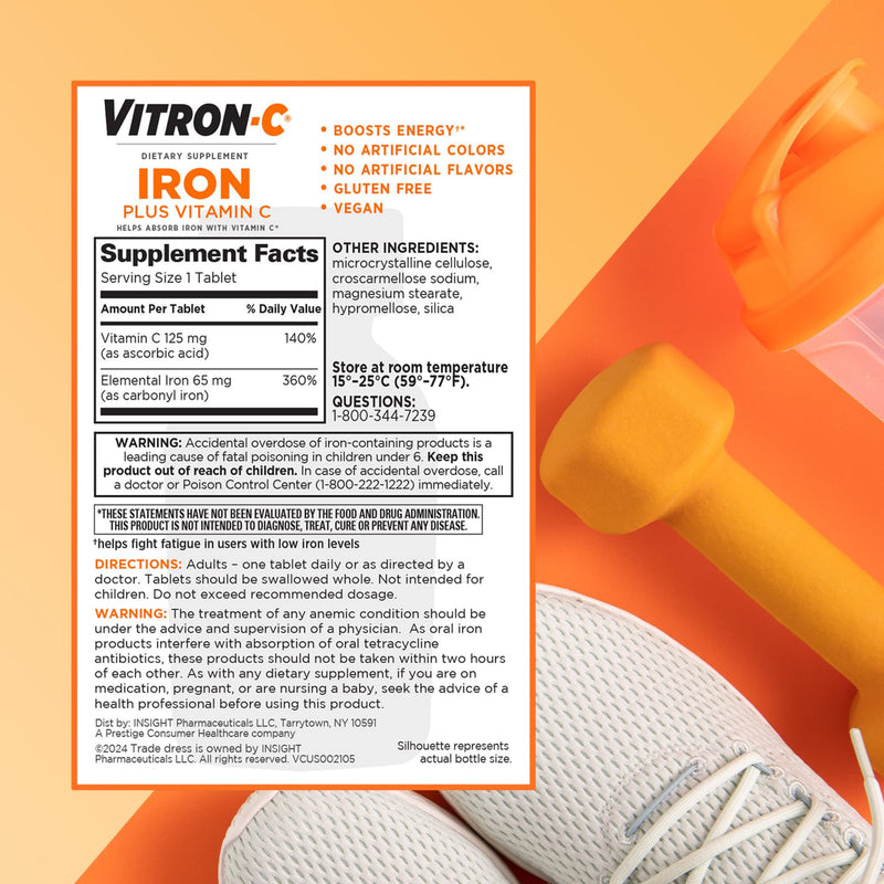 Vitron-C Iron Supplement, Once Daily, High Potency Iron Plus Vitamin C, Support Red Blood Cell Production, Dye Free Tablets, 60 Count, 2 Pack 60 Count (Pack of 2)
