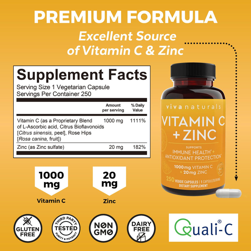 Viva Naturals Vitamin C and Zinc Supplements 1000mg - Zinc 20mg (250 Veggie Capsules) - High-Potency & Vitamin C with Zinc for Immune Support - Non-GMO, Gluten Free (8 Months Supply) Vitamin C + Zinc 250 Count (Pack of 1)
