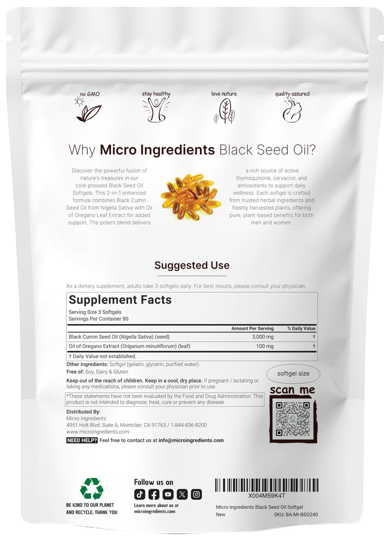 Micro Ingredients Black Seed Oil Softgels, 3,000mg, 240 Count | 2-in-1 Formula with Oil of Oregano, Carvacrol & Thymoquinone | Plant Based, Non-GMO, & Immune Support