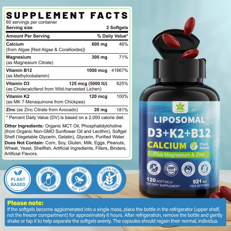 6-in-1 Liposomal Vitamin D3 K2 Calcium Supplement - Plant Based Calcium 600mg with Vegan Vitamin D3 5000 iu + Vitamin K K2 MK7 + B12, Algae Ca-lcium Magnesium Zinc for Bone, Softgels, 2 Pack 120 Count (Pack of 2)