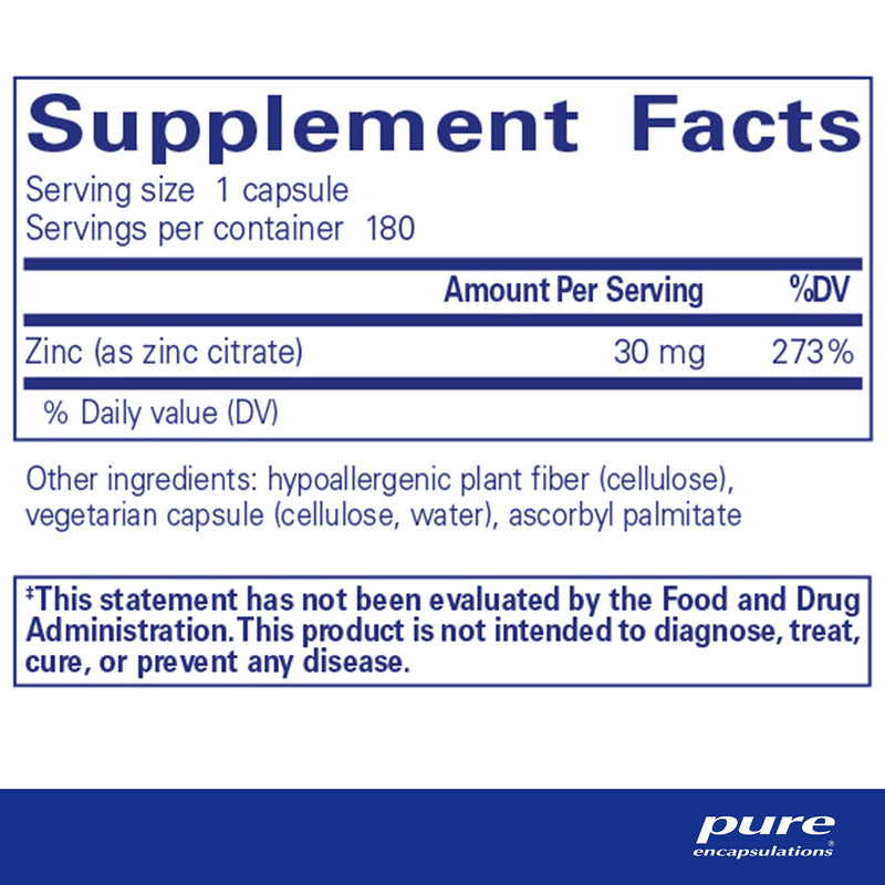 Pure Encapsulations Zinc (Citrate) - for Immune System, Tissue Development & Metabolism* - Mineral Supplement with Enzymes - Highly Absorbable Zinc - Vegan & Non-GMO - 180 Capsules 180 Count (Pack of 1) - BeesActive Australia