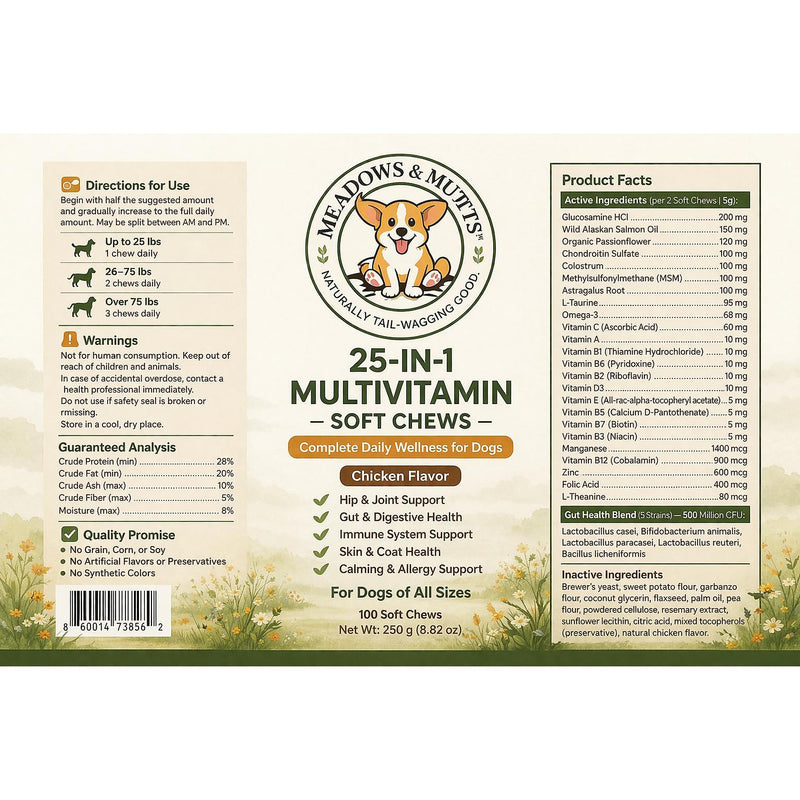 MEADOWS & MUTTS 25-in-1 Dog Multivitamin Chews – Daily Dog Vitamins & Supplements with Glucosamine, MSM, Omega-3 & Probiotics for Joint, Skin & Coat, Digestion & Immune Support, 100 Count