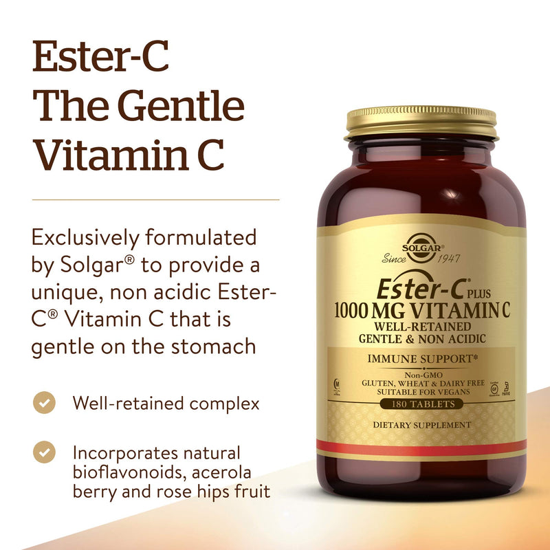 Solgar Ester-C 1000mg Vitamin C Tablets - Gentle, Non-Acidic, Antioxidant Support - 180 Vegan Tablets 180 Count (Pack of 1) - BeesActive Australia
