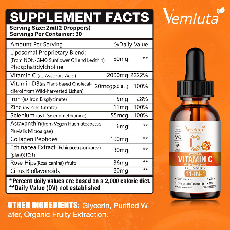1 Packs Liposomal Vitamin C 2000mg Liquid Drop, High Absorption VC Complex Rose Hips with Echinacea, Citrus Bioflavonoids, Zinc, Vitamin D3 for Immune System & Antioxidant,2 FL Oz 2 Fl Oz (Pack of 1)