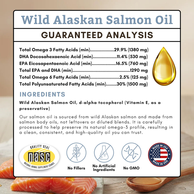 Wholistic Pet Organics Wild Alaskan Salmon Oil for Dogs and Cats - Omega 3 Fish Oil for Dogs & Cats - Cat & Dog Skin and Coat Supplement for Heart, Joints - DHA, EPA Omega 3 Liquid Food Topper - 8 oz
