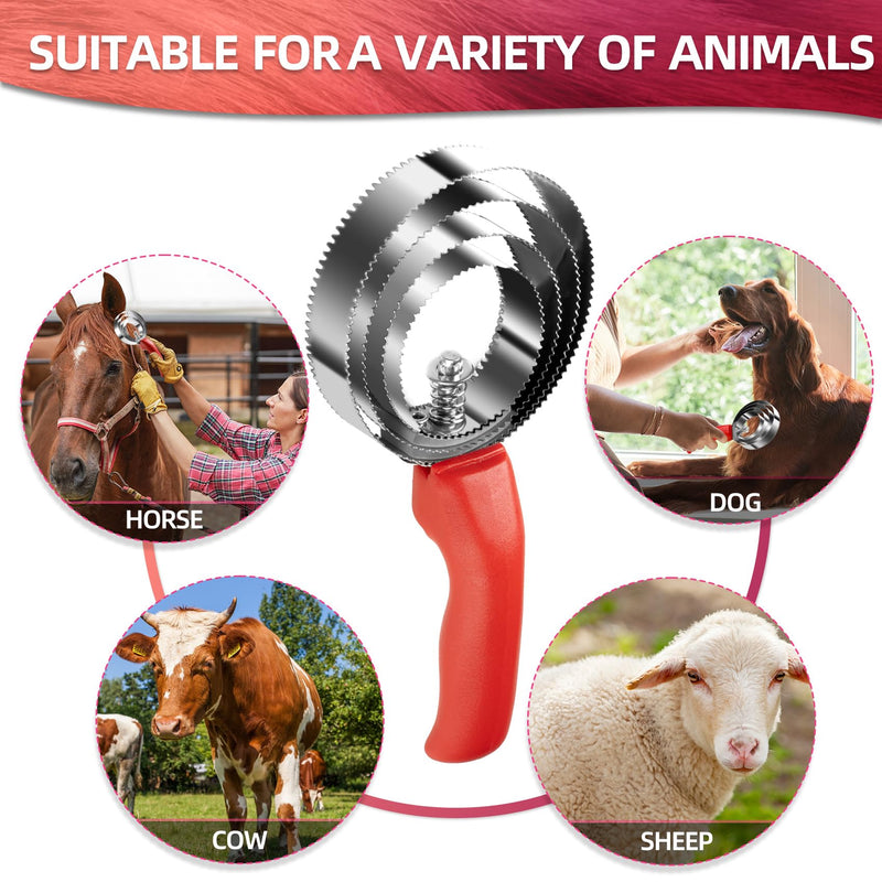 4 Rings Curry Comb Horse Brush - Reversible Stainless Steel Curry Comb Horse Brush Scraper With Handle - Double Sided Horse Shedding Tool for Dog Sheep Horse Grooming Supplies (Red) Red