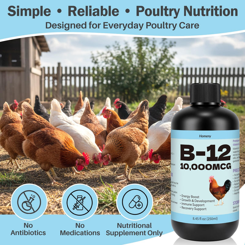 Vitamin B12 Liquid for Poultry, 10000 MCG Nutritional Supplement for Chickens, Supports Daily Vitality & Development, Liquid Vitamin Feed Additive for Hens, Roosters, Ducks, Geese & Turkeys