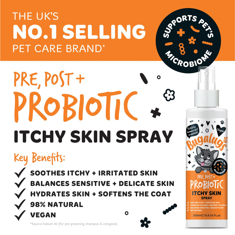 Bugalugs Probiotic Cat Spray for itchy skin. Leave in spray to condition, nourish and hydrate skin and coat. Professional cat cleaning and grooming formula