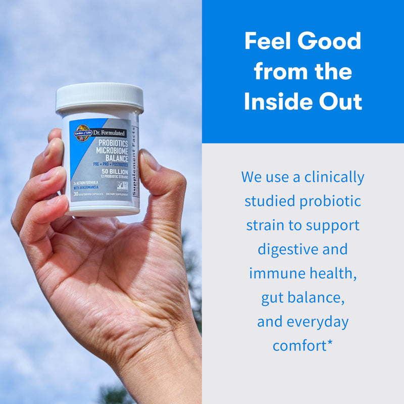Garden of Life Dr. Formulated Microbiome Balance Probiotic, 50B CFU, 30ct | Pre, Pro & Postbiotics, 12 Probiotic Strains, Digestive Health, Immune Support, Non-GMO, Gluten-Free, Vegetarian