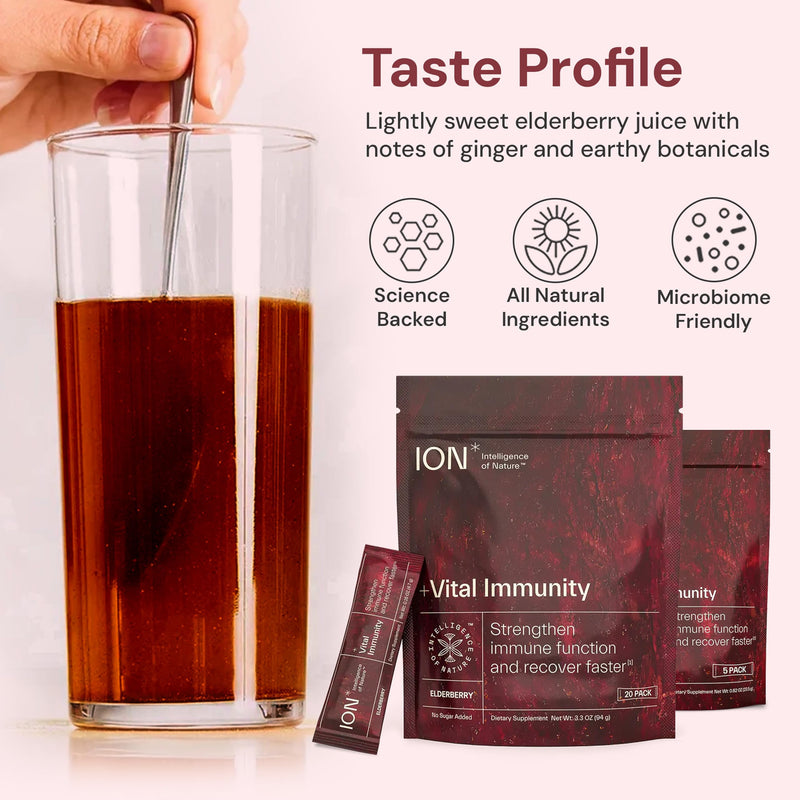ION* Intelligence of Nature Vital Immunity Drink Mix, Elderberry 20 Packets | Immune Support with Vitamin C & Adaptogen Mushrooms, Daily Wellness Packet Supplement, Travel Friendly 0.16 Ounce (Pack of 20)