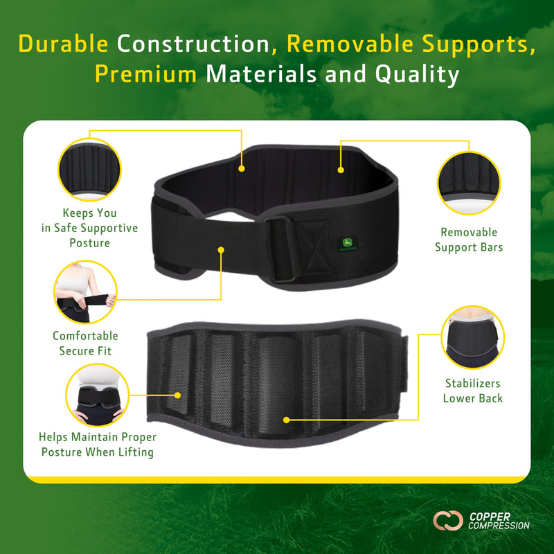 John Deere Back Brace by Copper Compression – Lower Back Belt for Sciatica, Lumbar Pain, Herniated Discs, Muscle Strain – Heavy-Duty Compression with Removable Stabilizers – S/M Small/Medium