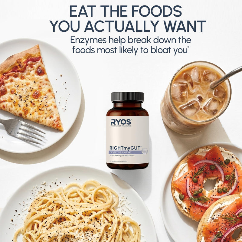 RYOS Debloat Pills for Women & Men – Bloating & Gas Relief Supplement – 6 Digestive Enzymes + 3 Probiotics RIGHTmyGUT Daily Debloating Support – Pharmacist-Reviewed – 60 Vegan Capsules