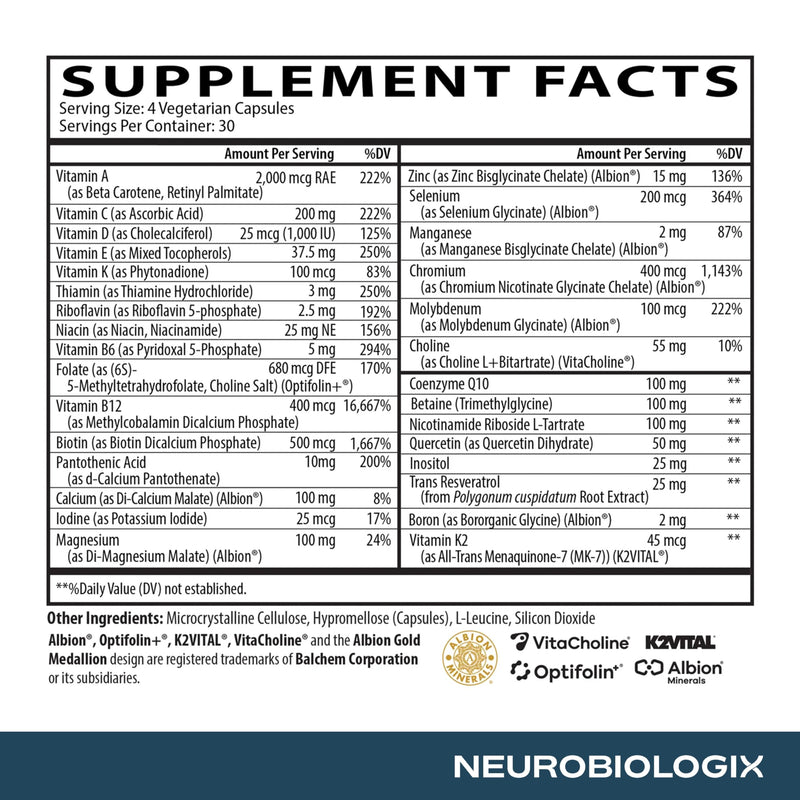 Neurobiologix Longevity Multi Multivitamin, NR & CoQ10, 120 Capsules | for Men & Women, Over 40 Vitamins & Minerals, Iron-Free, Active B, Energy Support