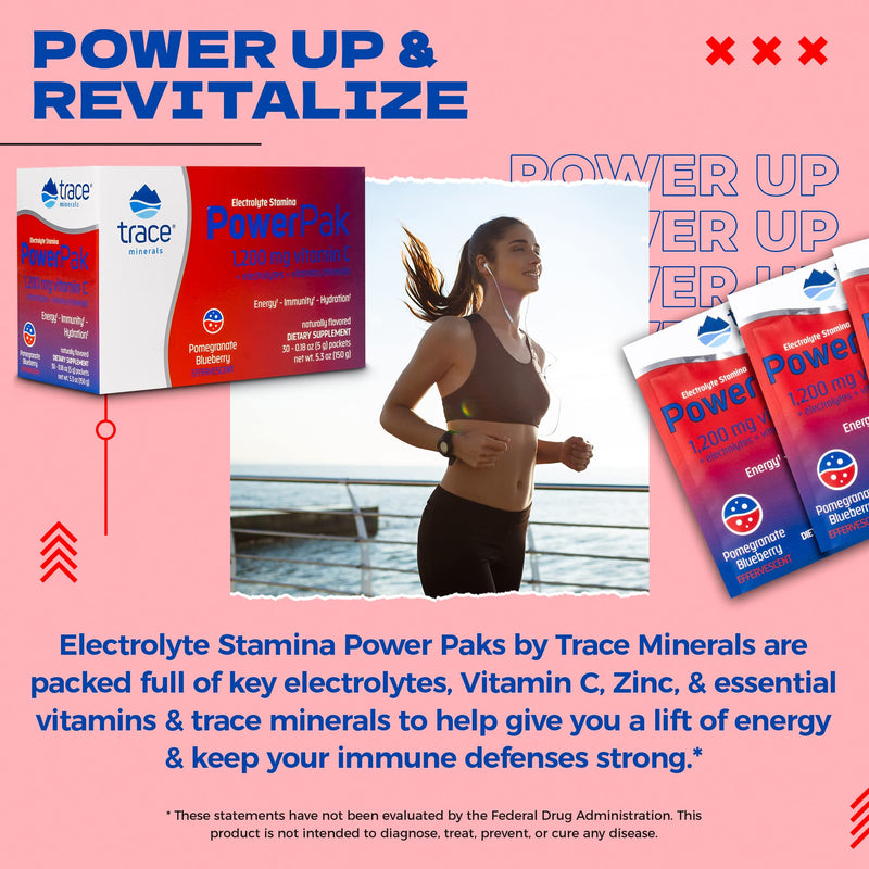 Trace Minerals | Power Pak Electrolyte Powder Packets | 1200 mg Vitamin C, Zinc, Magnesium | Boost Immunity, Hydration and Natural Energy | Pomegranate Blueberry | 30 Packets - BeesActive Australia