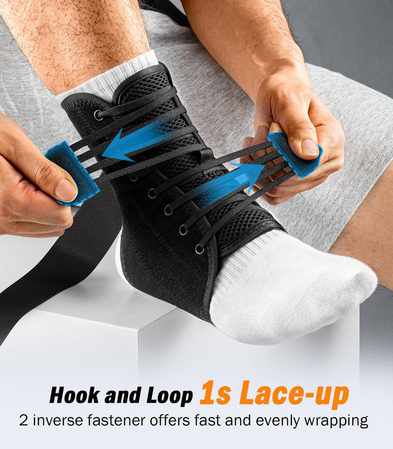 Slim-Fit Ankle Brace for Sprained Ankle, Quick Lace Up Ankle Support for Women Men with 2 Auto-Shaped Pads, Air Fabric Cool Ankle Stabilizer for Injury Recover, Running,Sports, M(12”-13”) Black M(Ankle size:12"-13")