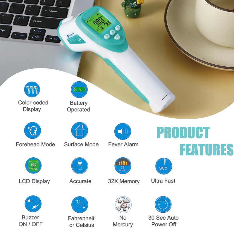 Amplim No-Touch Forehead Thermometer for Adults, Kids, and Infants: Digital Temporal Touchless Medical Grade Thermometer with LCD Display, Registry Must Have for Body Fever Temperatures, Blue Green White