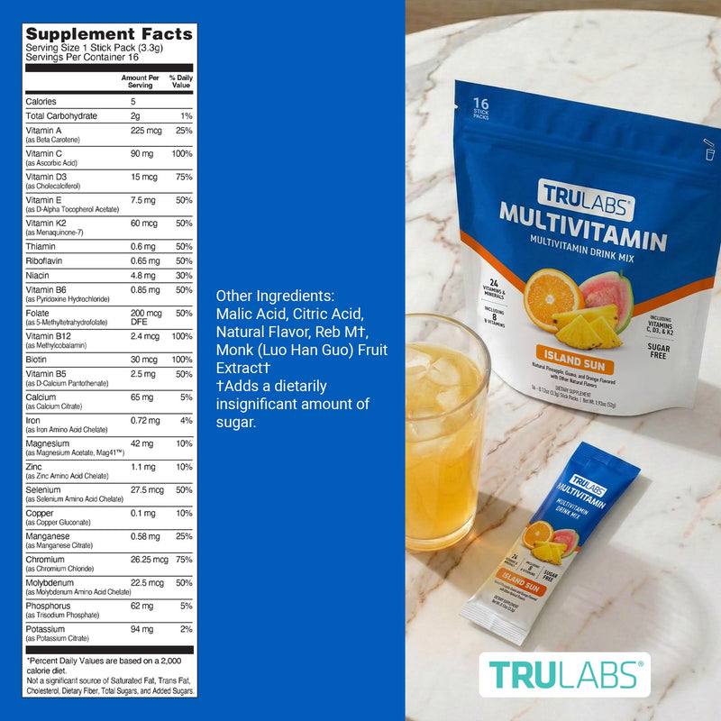 TRULABS Multivitamin Drink Mix – Island Sun Flavor with 24 Vitamins & Minerals, 8 B Vitamins, A, C, D3, E, K2, Sugar Free with Monk Fruit, Dairy Gluten Soy Free, Vegan (16 Stick Packs)