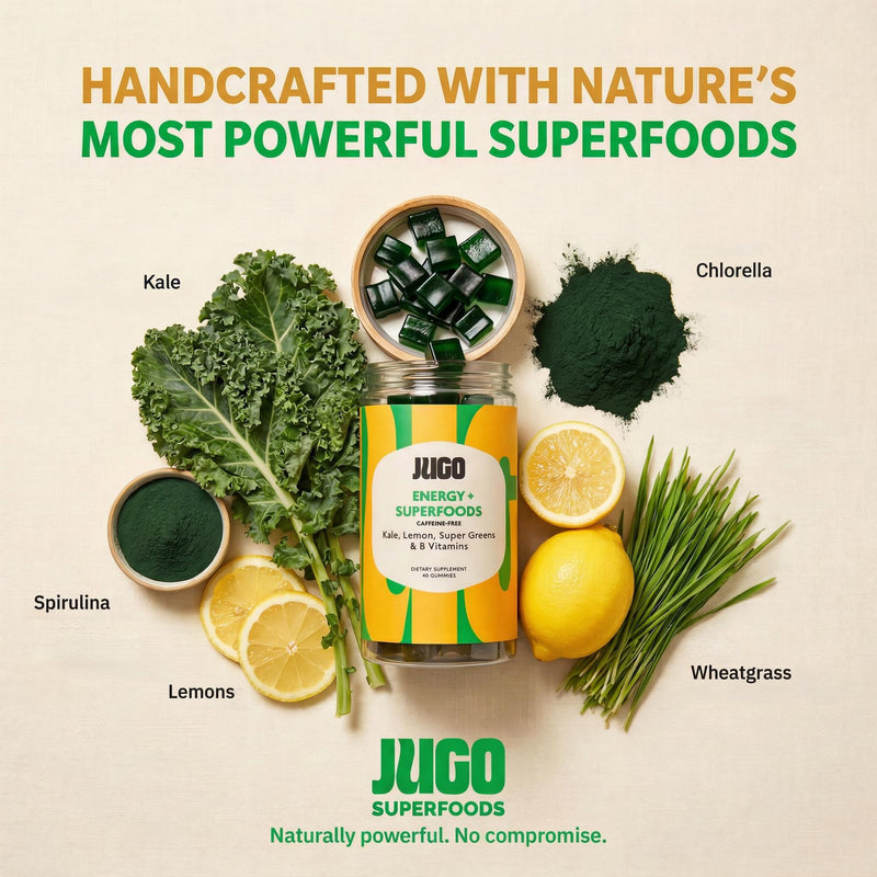 JUGO Energy + SUPERFOODS Vitamin B12 Gummies with Kale & Super Greens, Caffeine-Free Pre-Workout Energy Gummies, Vegetarian-Friendly, Gelatin-Free and Gluten-Free, Non-GMO, Made in USA, 40 Count