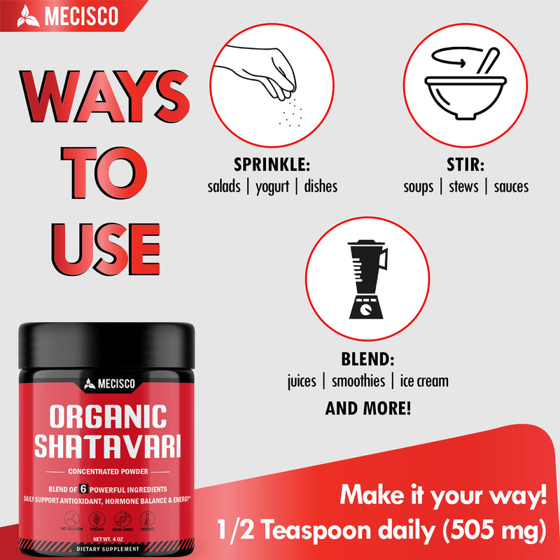 6in1 Shatavari Powder Organic - Blended with Shatavari Root, Bacopa Monnieri, Ashwagandha Root, Vitex Berry, Fenugreek & Black Pepper - Supports Rejuvenation, Promotes Energy & Vitality - 4 Oz
